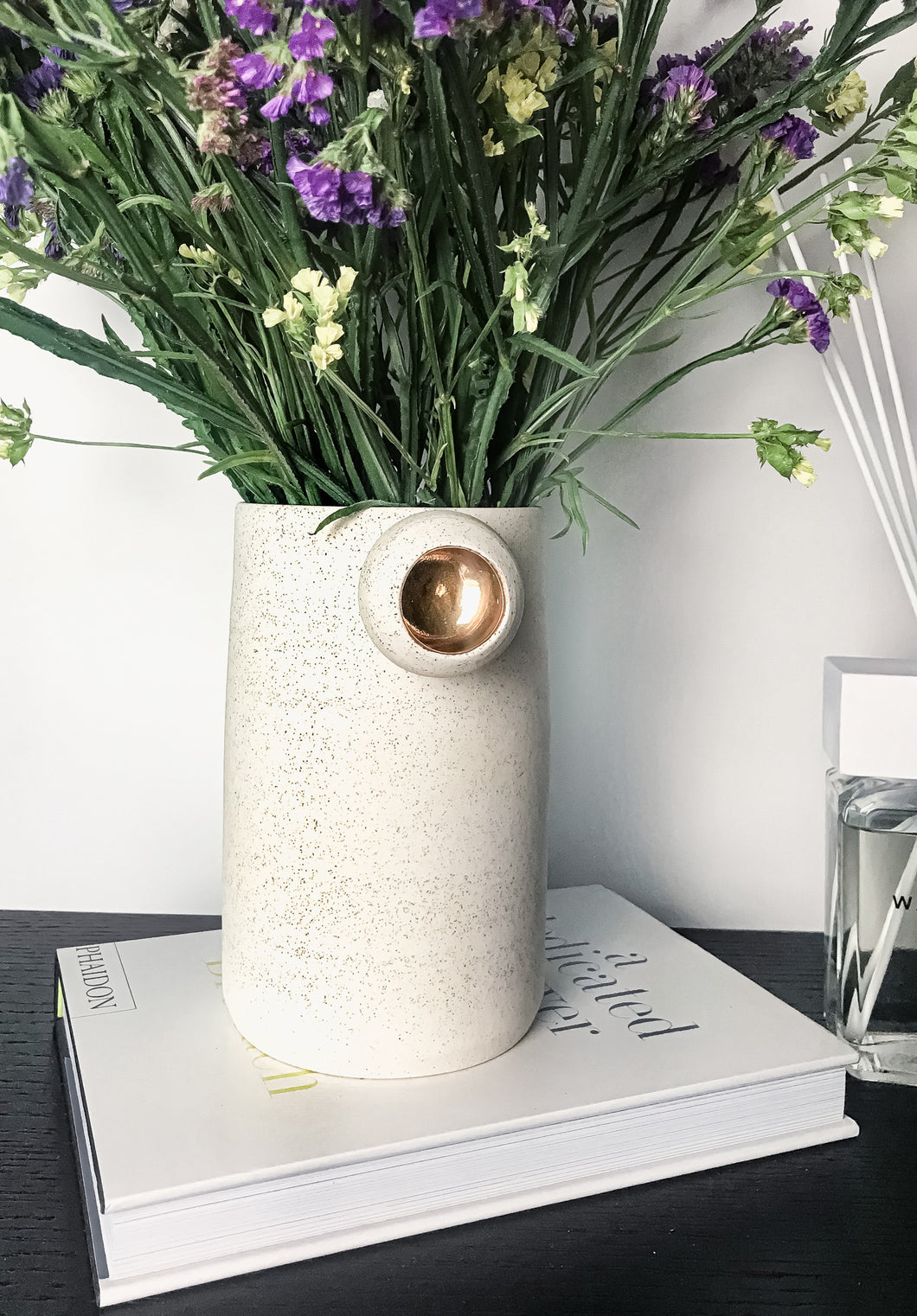 Original Hand-made Ceramic Vase - White Speckled Vase With Gold Ball - Truly One Of A Kind